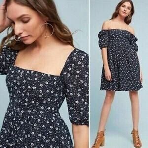 Maeve Iillian Eyelet Floral Dress Black White Puff Sleeve Cotton Size 8